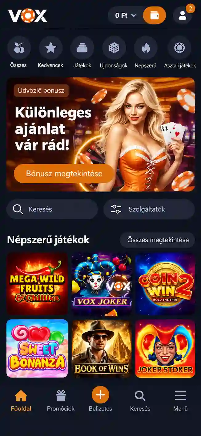 Vox Casino főoldala magyar nyelven
