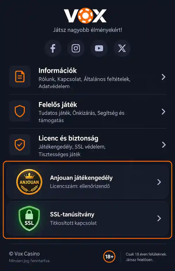 Vox licencszám és SSL tanúsítvány a láblécben