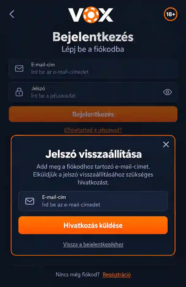 Vox bejelentkezési oldal és jelszó-visszaállítás