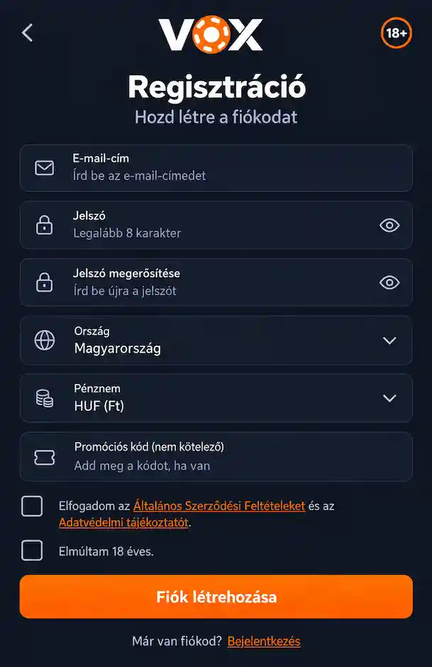 Vox regisztrációs űrlap magyar felületen